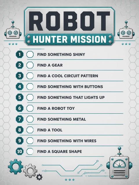 Scavenger hunt in the Metallic Robot 8th Birthday Invitation design