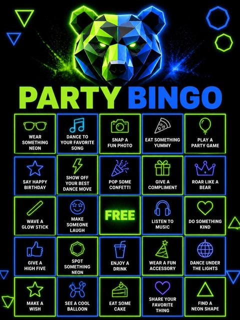 Bingo grid in the Neon Geometric Bear 10th Birthday design