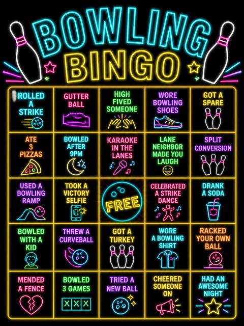 Bingo grid in the Neon Strike Bowling Party design
