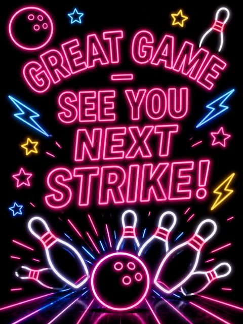 Goodbye card in the Neon Strike Bowling Party design