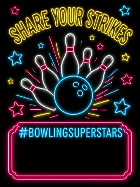 Hashtag card in the Neon Strike Bowling Party design