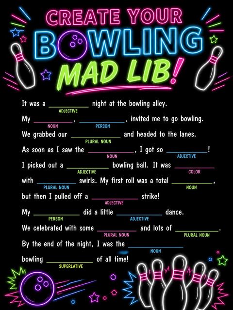 Mad libs in the Neon Strike Bowling Party design