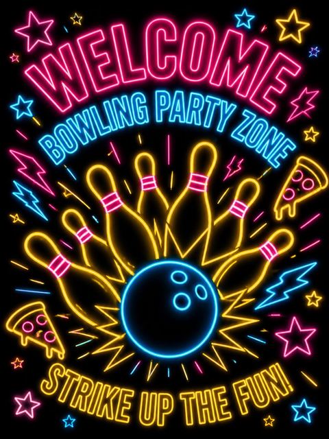 Welcome sign in the Neon Strike Bowling Party design