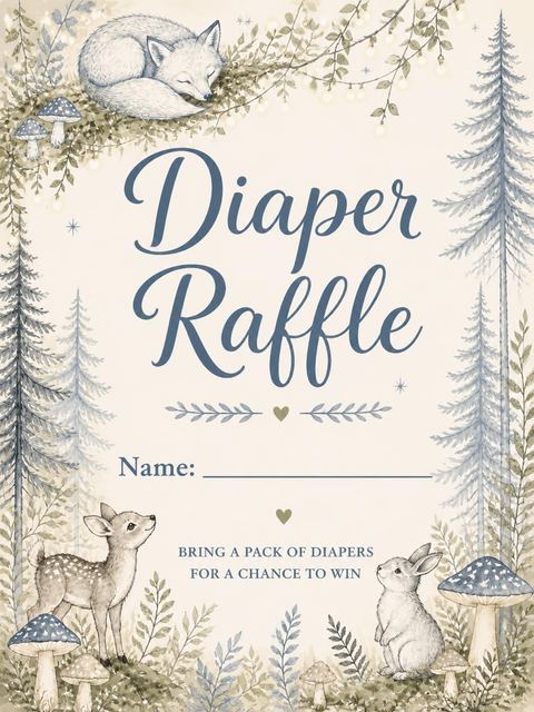 Diaper raffle ticket in the Watercolor Woodland Forest Baby Shower design