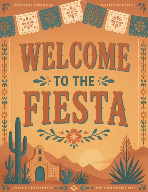 Welcome sign in the Terracotta Papel Picado Retirement Fiesta design