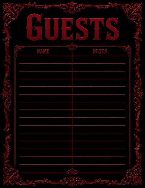 Guest sign-in sheet in the Red and Black Baroque 45th Birthday design