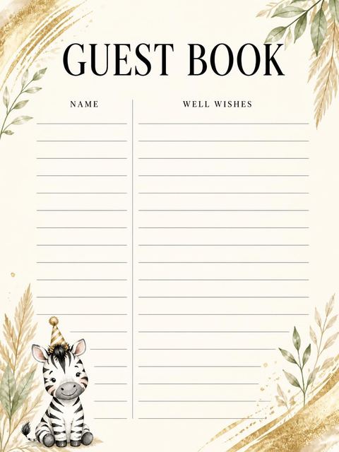 Guest sign-in sheet in the Gold Watercolor Zebra 2nd Birthday design