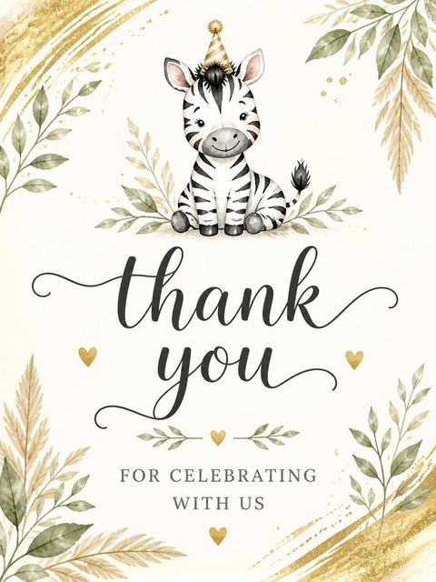 Thank-you flat in the Gold Watercolor Zebra 2nd Birthday design