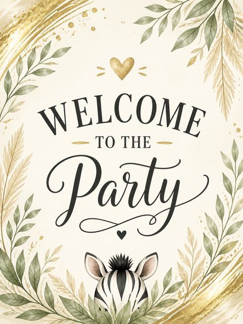 Welcome sign in the Gold Watercolor Zebra 2nd Birthday design