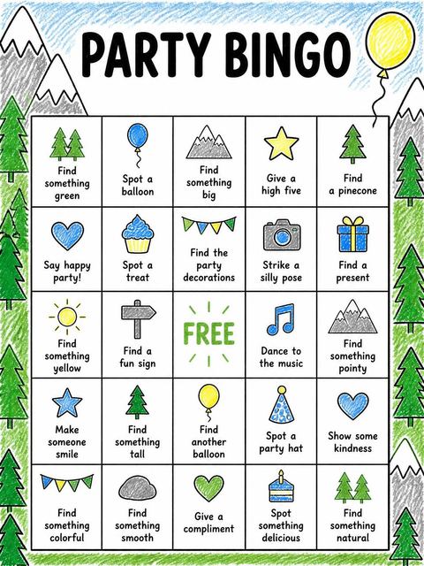 Bingo grid in the Crayon Mountain Pine 1st Birthday design