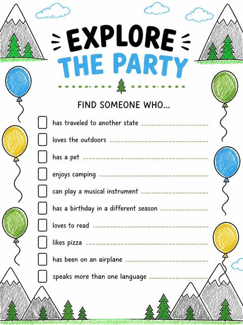 Scavenger hunt in the Crayon Mountain Pine 1st Birthday design