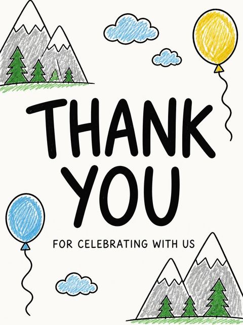 Thank-you flat in the Crayon Mountain Pine 1st Birthday design