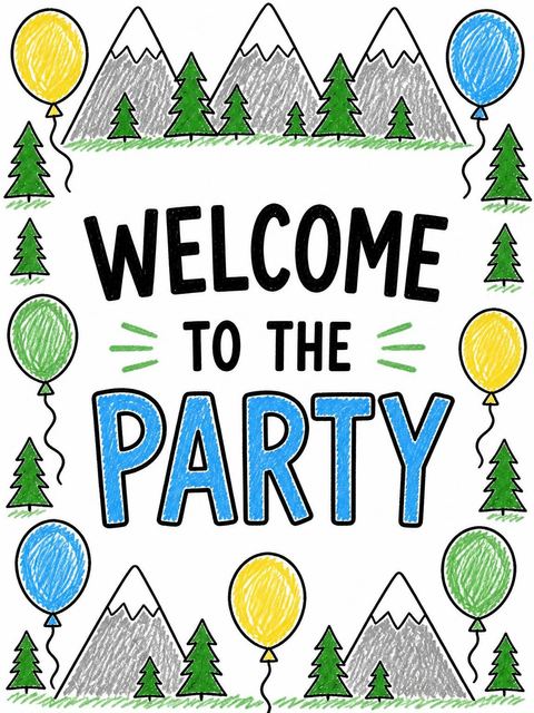Welcome sign in the Crayon Mountain Pine 1st Birthday design