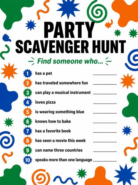 Scavenger hunt in the Memphis Geometric Print Birthday Invitation design