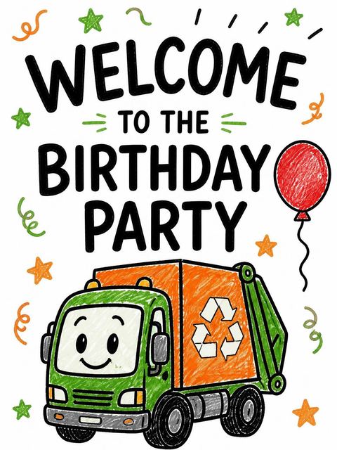 Welcome sign in the Crayon Art Recycling Truck 2nd Birthday design