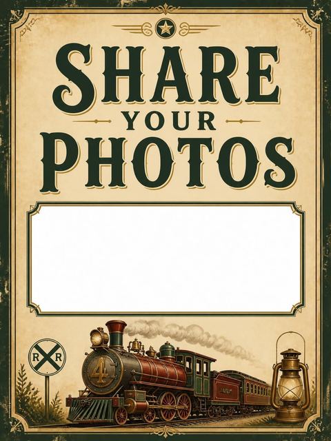 Hashtag card in the Vintage Steam Locomotive 4th Birthday Invitation design
