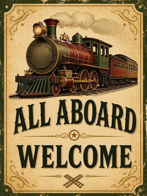 Welcome sign in the Vintage Steam Locomotive 4th Birthday Invitation design