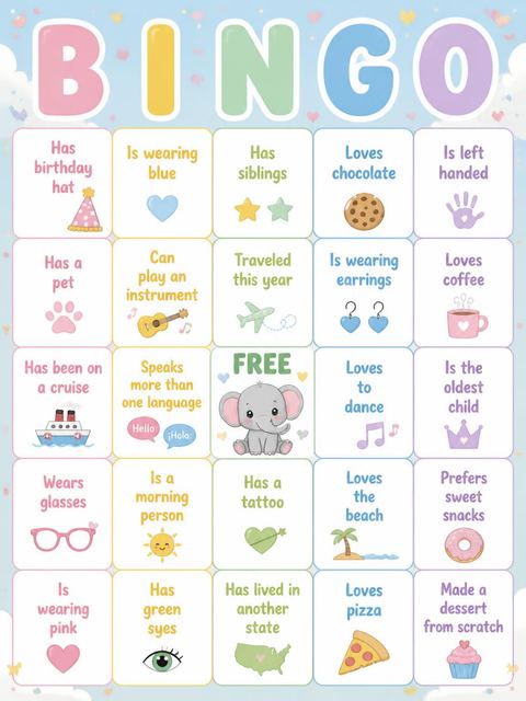 Bingo grid in the Cute Elephant First Birthday design
