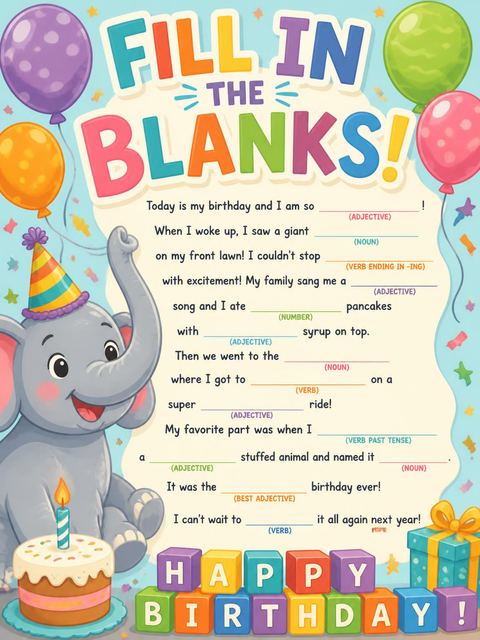 Mad libs in the Cute Elephant First Birthday design