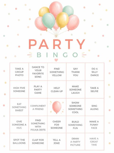 Bingo grid in the Pastel Watercolor Balloon 2nd Birthday design