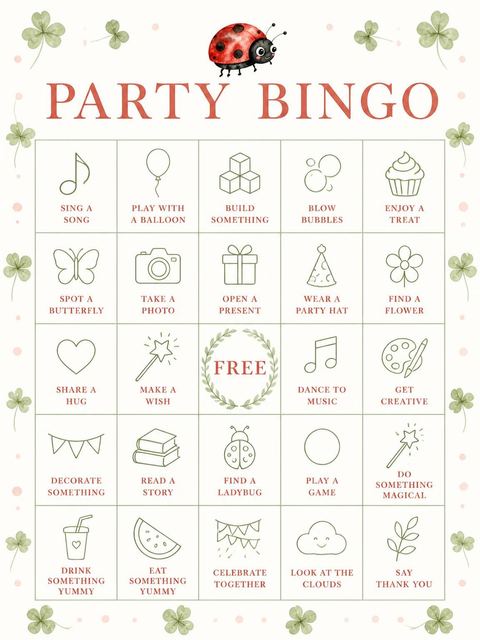 Bingo grid in the Pink Watercolor Ladybug 1st Birthday design