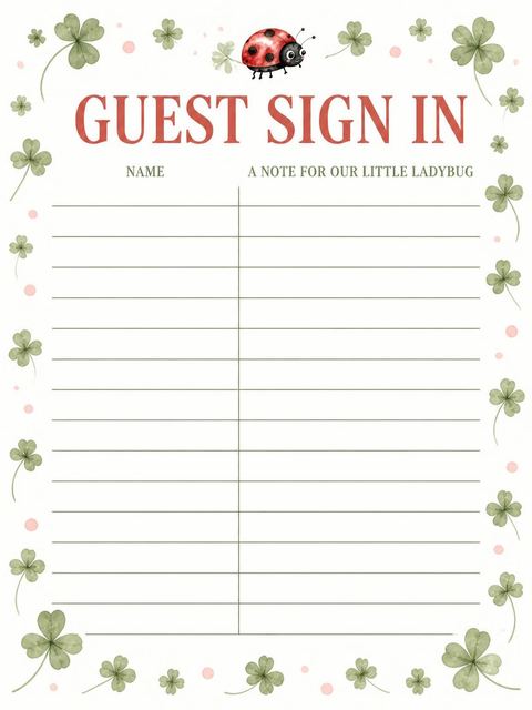 Guest sign-in sheet in the Pink Watercolor Ladybug 1st Birthday design