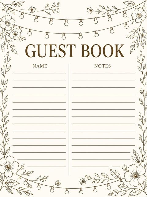 Guest sign-in sheet in the Cream Brown Floral String Light 55th Birthday design