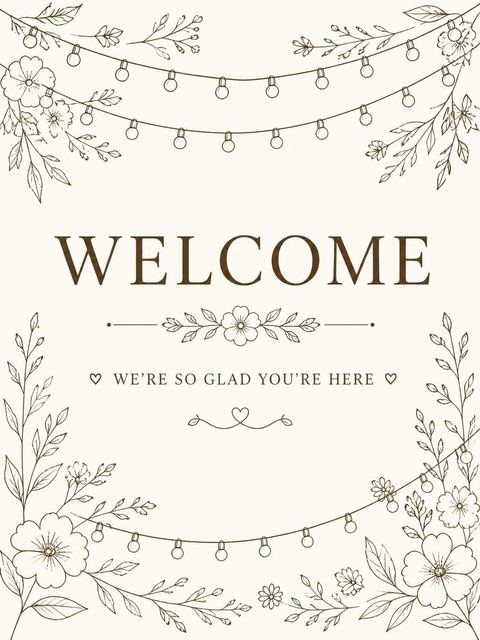 Welcome sign in the Cream Brown Floral String Light 55th Birthday design