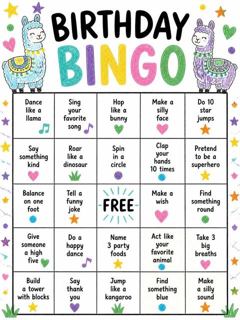 Bingo grid in the Crayon Llama Doodle 2nd Birthday Invitation design