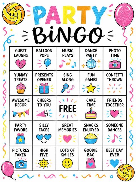 Bingo grid in the Crayon Volleyball Sport 5th Birthday Invite design