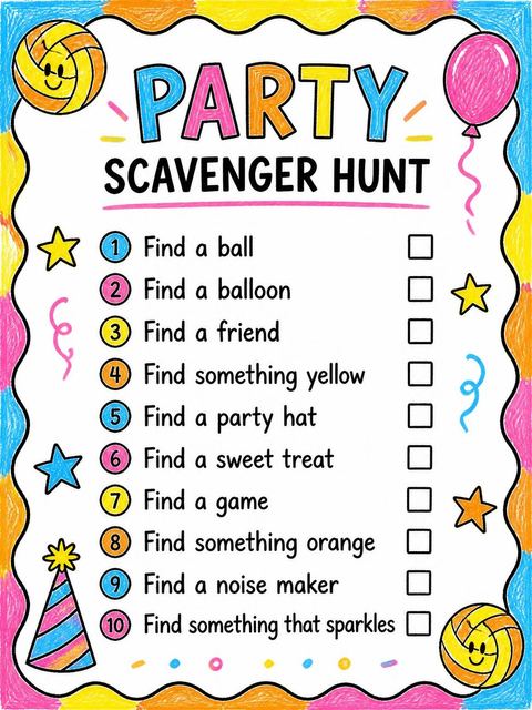 Scavenger hunt in the Crayon Volleyball Sport 5th Birthday Invite design