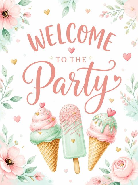 Welcome sign in the Watercolor Ice Cream 1st Birthday design