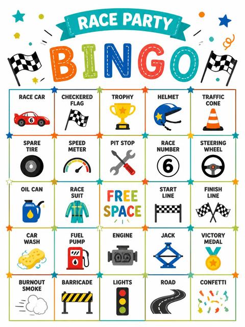 Bingo grid in the Turbo Dino Racing 6th Birthday Adventure design