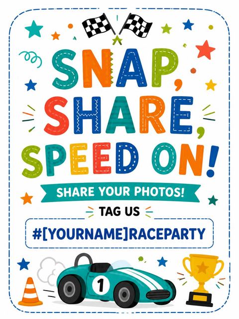 Hashtag card in the Turbo Dino Racing 6th Birthday Adventure design