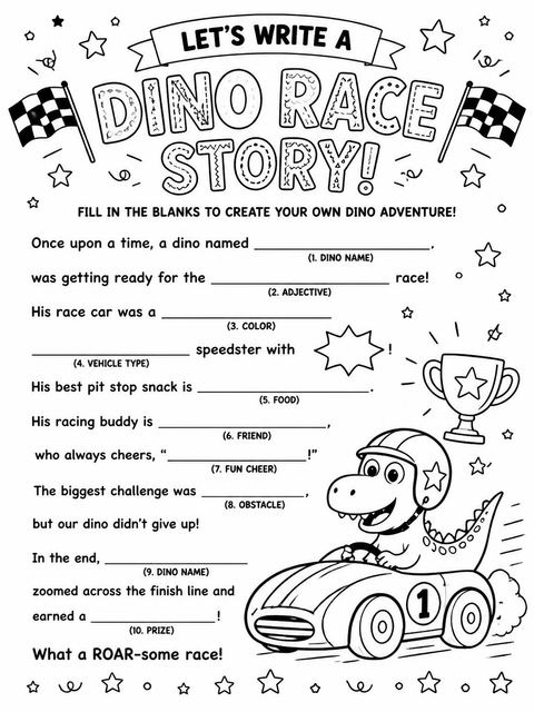 Mad libs in the Turbo Dino Racing 6th Birthday Adventure design