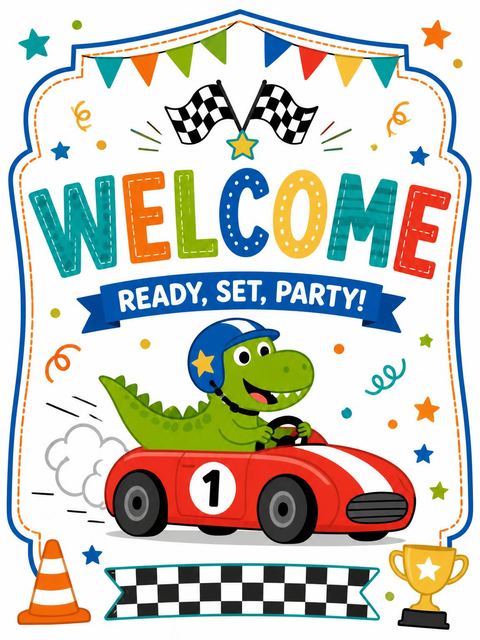 Welcome sign in the Turbo Dino Racing 6th Birthday Adventure design