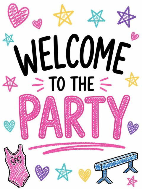 Welcome sign in the Crayon Gymnastics Girl's 7th Birthday Invitation design