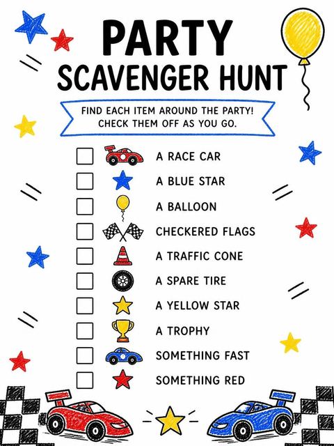 Scavenger hunt in the Crayon Race Car 3rd Birthday design