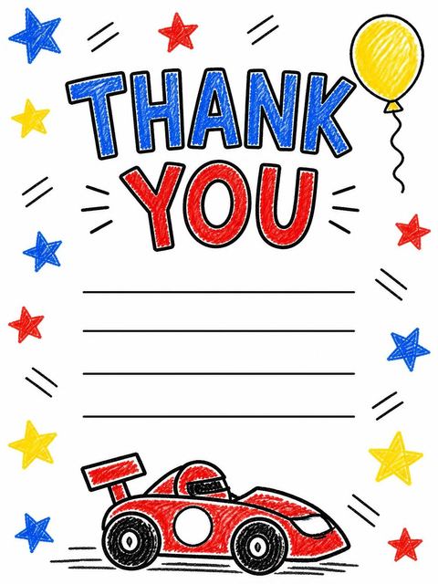 Thank-you flat in the Crayon Race Car 3rd Birthday design