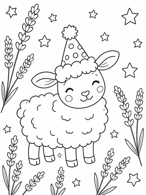 Coloring sheet in the Watercolor Lamb Lavender 3rd Birthday design