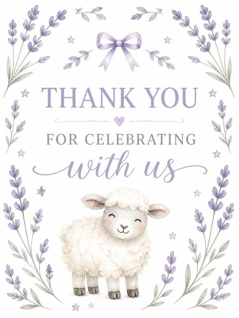 Thank-you flat in the Watercolor Lamb Lavender 3rd Birthday design