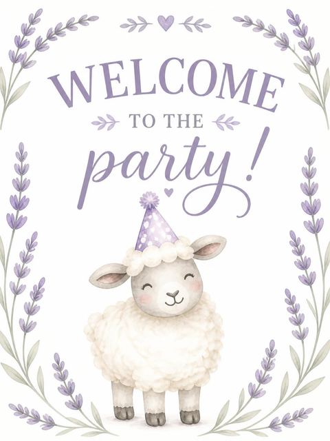 Welcome sign in the Watercolor Lamb Lavender 3rd Birthday design