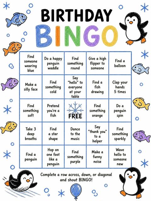 Bingo grid in the Crayon Penguin and Fish 3rd Birthday design