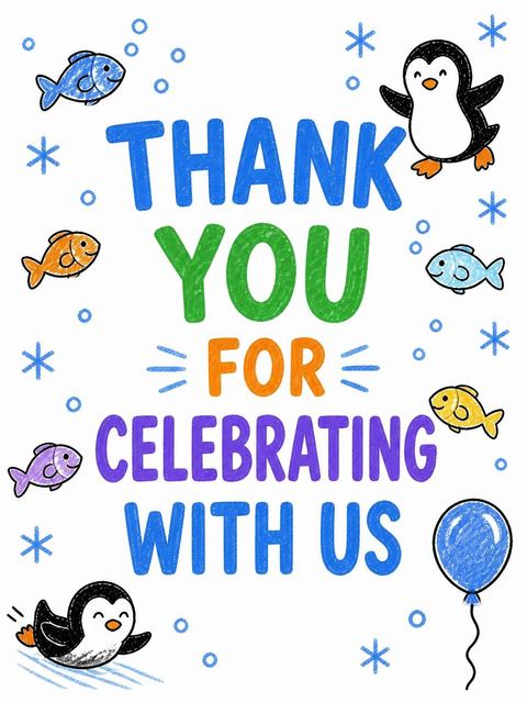 Thank-you flat in the Crayon Penguin and Fish 3rd Birthday design