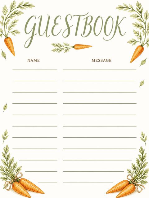 Guest sign-in sheet in the Watercolor Bunny Carrot 2nd Birthday design
