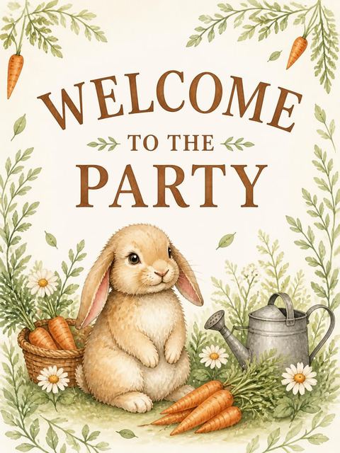 Welcome sign in the Watercolor Bunny Carrot 2nd Birthday design