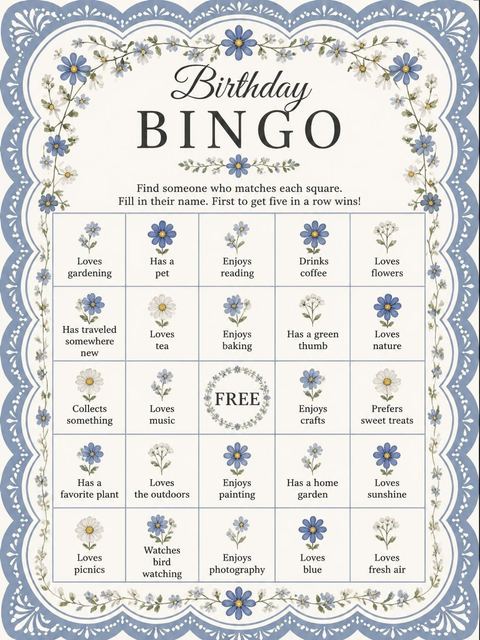 Bingo grid in the Blue Scalloped Wildflower 5th Birthday Invitation design
