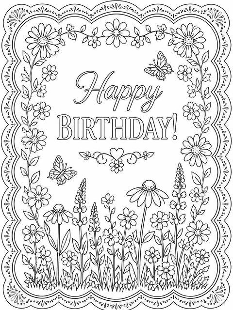 Coloring sheet in the Blue Scalloped Wildflower 5th Birthday Invitation design