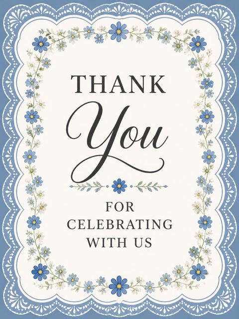 Thank-you flat in the Blue Scalloped Wildflower 5th Birthday Invitation design