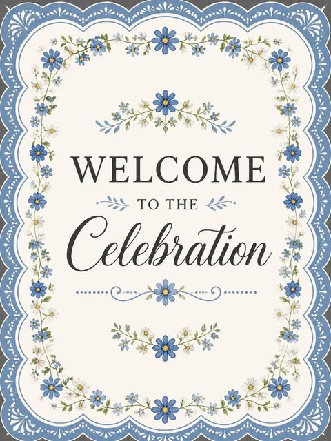 Welcome sign in the Blue Scalloped Wildflower 5th Birthday Invitation design